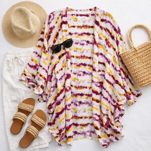 Anthropologie Kimono Cardigan Women M White Magenta Resort Flowy Beach Cover Up‎
